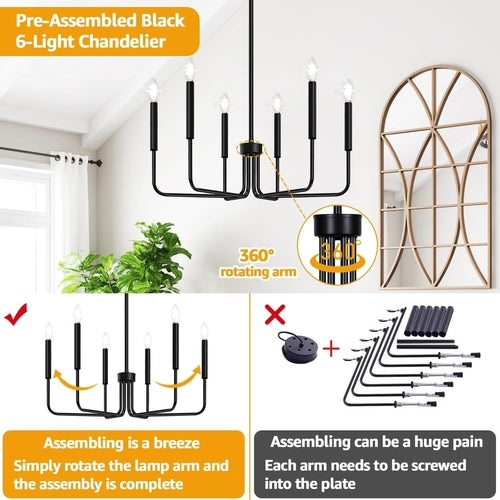 Lustre Ferme Noir à Six Lumières pour Salle à Manger