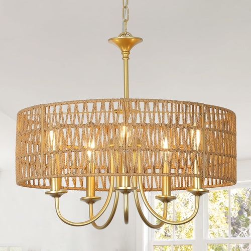 Lustre en rotin clair de style bohème Gold 5 Lumières