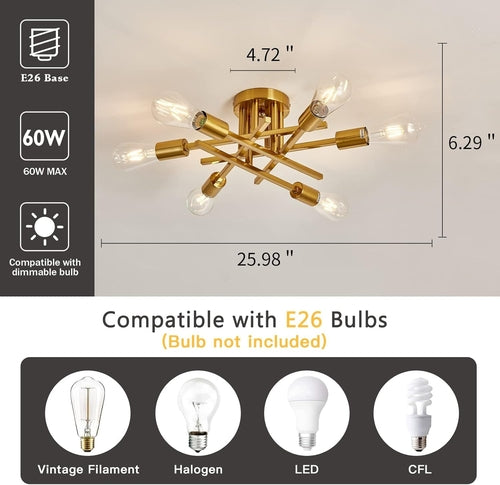 Lustre Sputnik doré, plafonnier semi-encastré