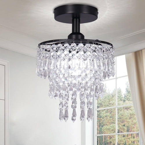 Petit plafonnier lustre en cristal noir avec des gouttes de pluie