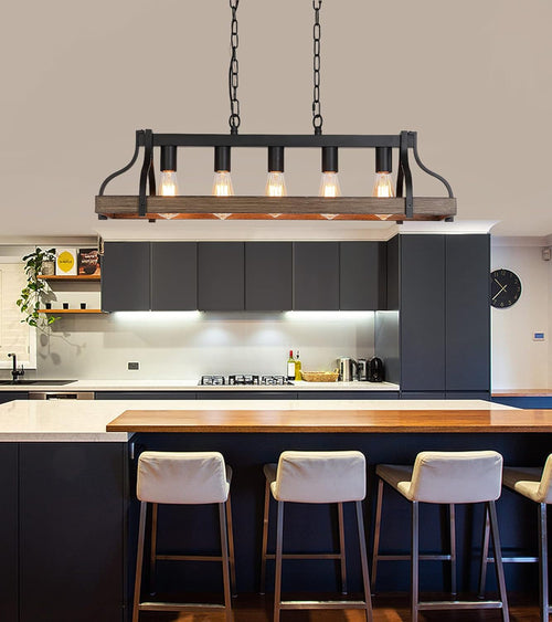 Lustre linéaire rustique noir à 5 lumières pour îlot de cuisine