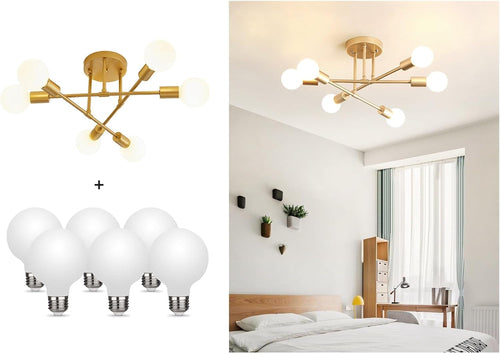 Lustre Sputnik doré à 6 lumières avec ampoules LED incluses