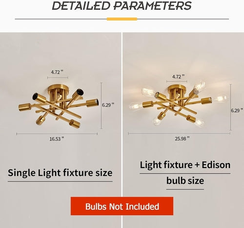 Lustre Sputnik doré, plafonnier semi-encastré