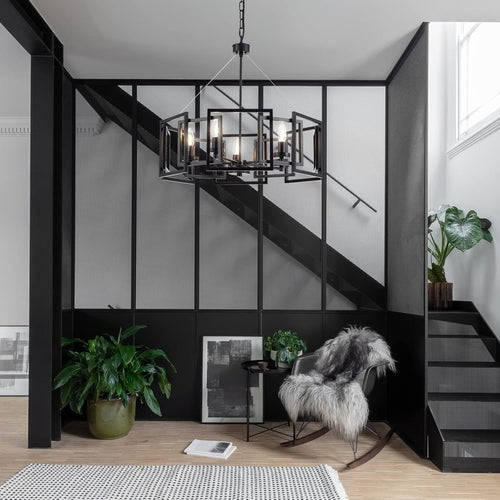 Lustre Suspension Cinq Lumières Noir Mat Style Industriel
