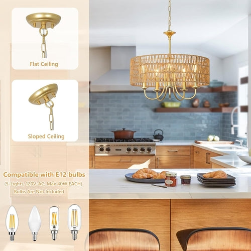 Lustre en rotin clair de style bohème Gold 5 Lumières