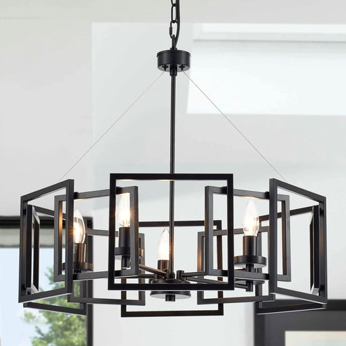 Lustre Suspension Cinq Lumières Noir Mat Style Industriel