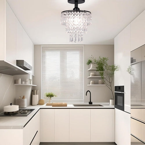 Petit plafonnier lustre en cristal noir avec des gouttes de pluie