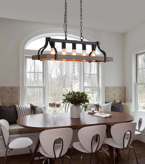 Lustre linéaire rustique noir à 5 lumières pour îlot de cuisine