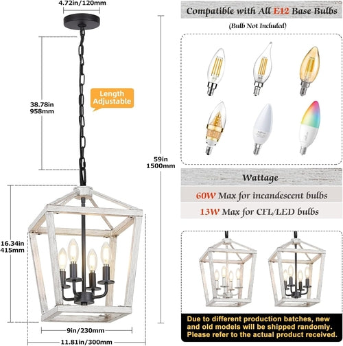 Lustre rustique à 4 lumières avec finition chêne blanc brossé