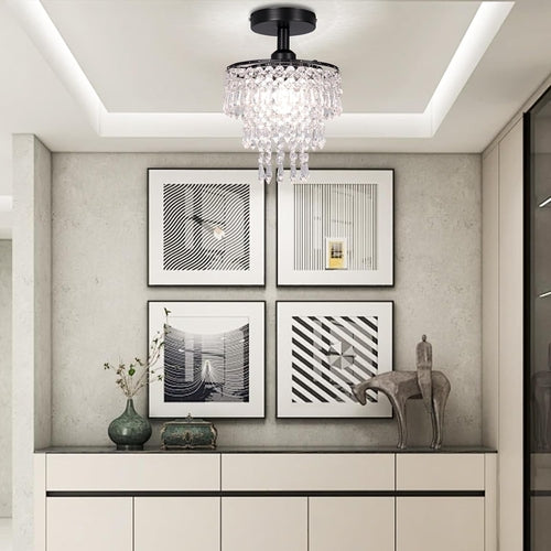 Petit plafonnier lustre en cristal noir avec des gouttes de pluie