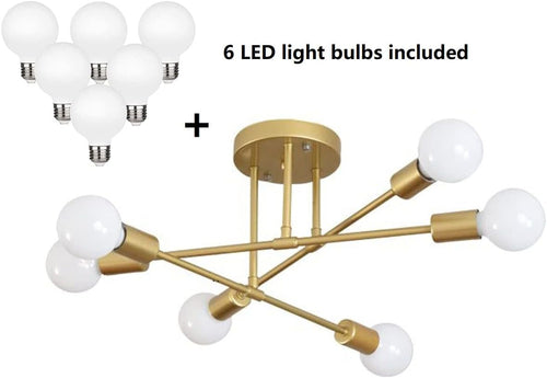 Lustre Sputnik doré à 6 lumières avec ampoules LED incluses