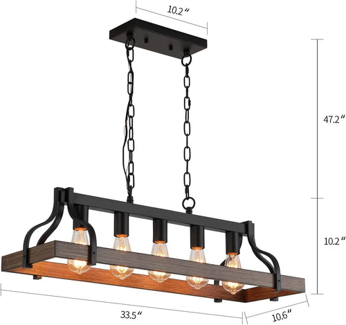Lustre linéaire rustique noir à 5 lumières pour îlot de cuisine