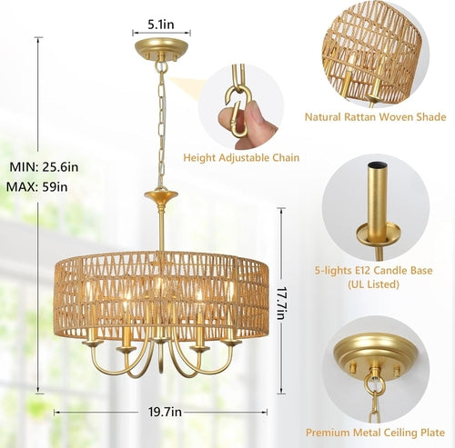 Lustre en rotin clair de style bohème Gold 5 Lumières