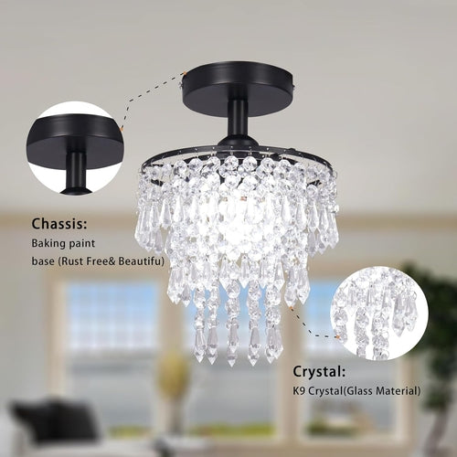 Petit plafonnier lustre en cristal noir avec des gouttes de pluie