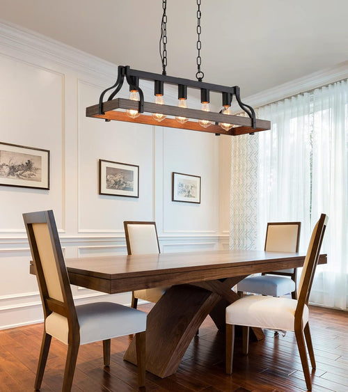 Lustre linéaire rustique noir à 5 lumières pour îlot de cuisine