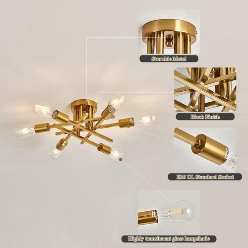 Lustre Sputnik doré, plafonnier semi-encastré