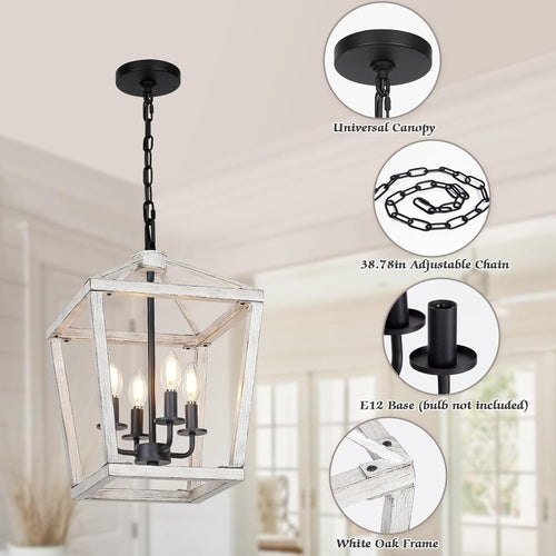 Lustre rustique à 4 lumières avec finition chêne blanc brossé