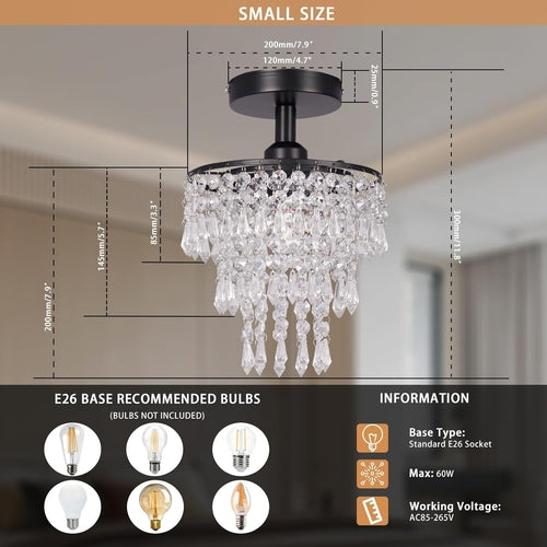 Petit plafonnier lustre en cristal noir avec des gouttes de pluie
