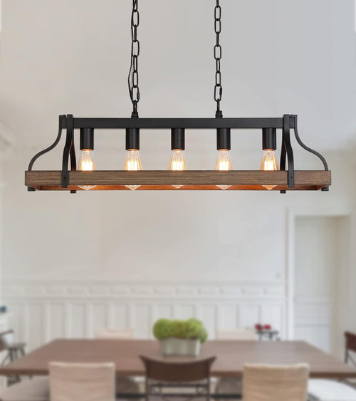 Lustre linéaire rustique noir à 5 lumières pour îlot de cuisine