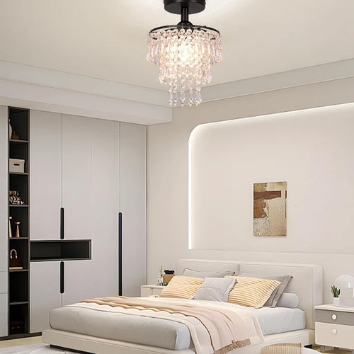 Petit plafonnier lustre en cristal noir avec des gouttes de pluie